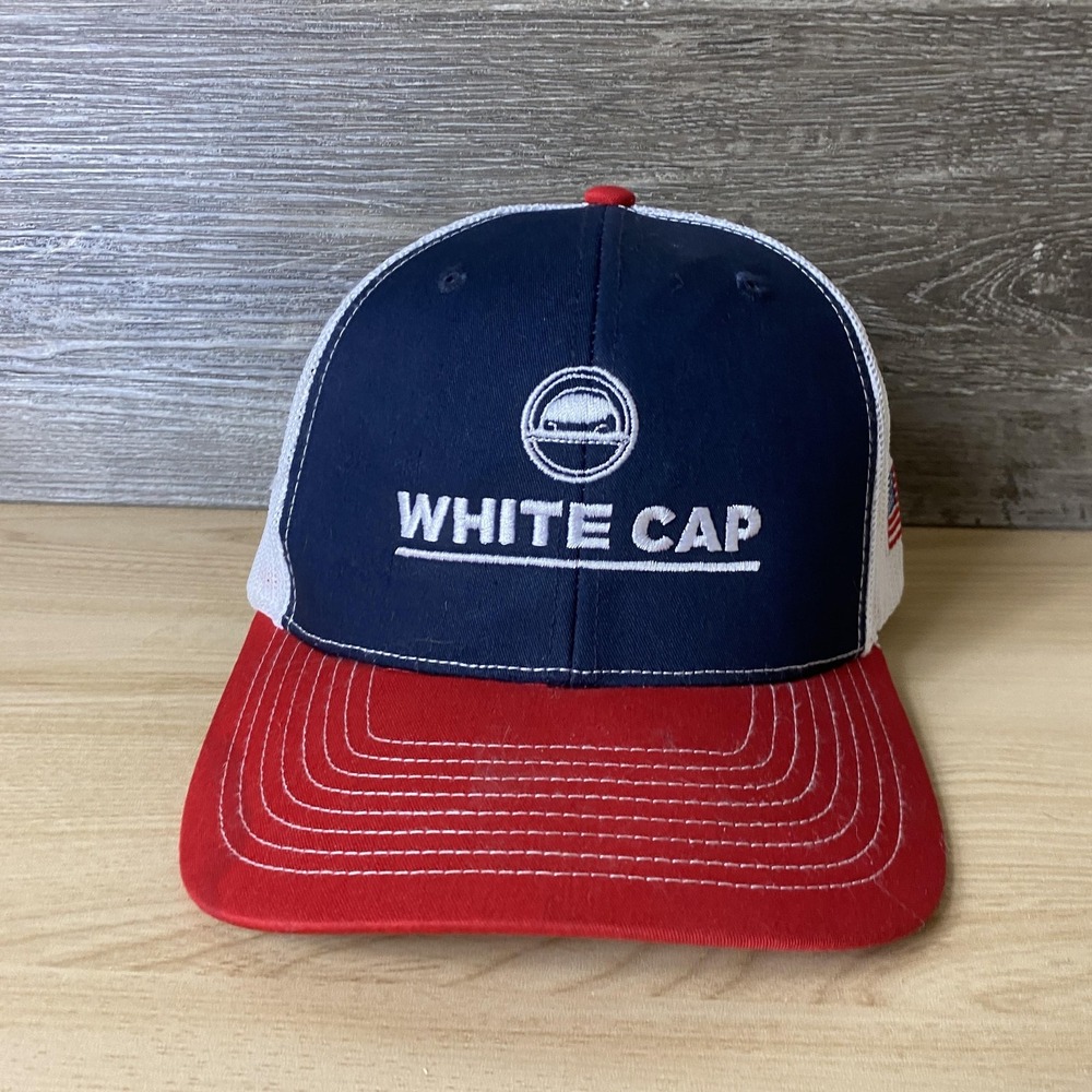 White Cap Hat Cap Snap Back Trucker Mesh Red Blue White Embroidered Patch Mens